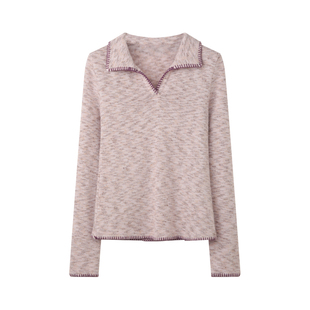 【2/24 00:00新品】修身翻领polo长袖t恤女编织工艺针织打底衫春