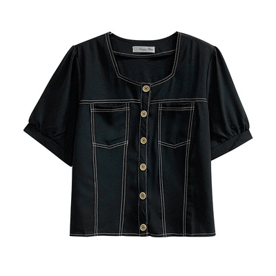 大码女装春夏200斤胖MM复古赫本风衬衫法式方领泡泡袖上衣31681