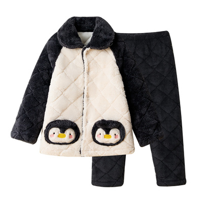 红豆法兰绒家居服三层夹棉秋冬