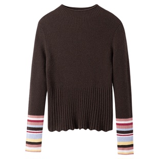 羚荌渼100纯羊绒抽条加厚毛衣 半高领撞色百搭气质显瘦女士羊绒衫