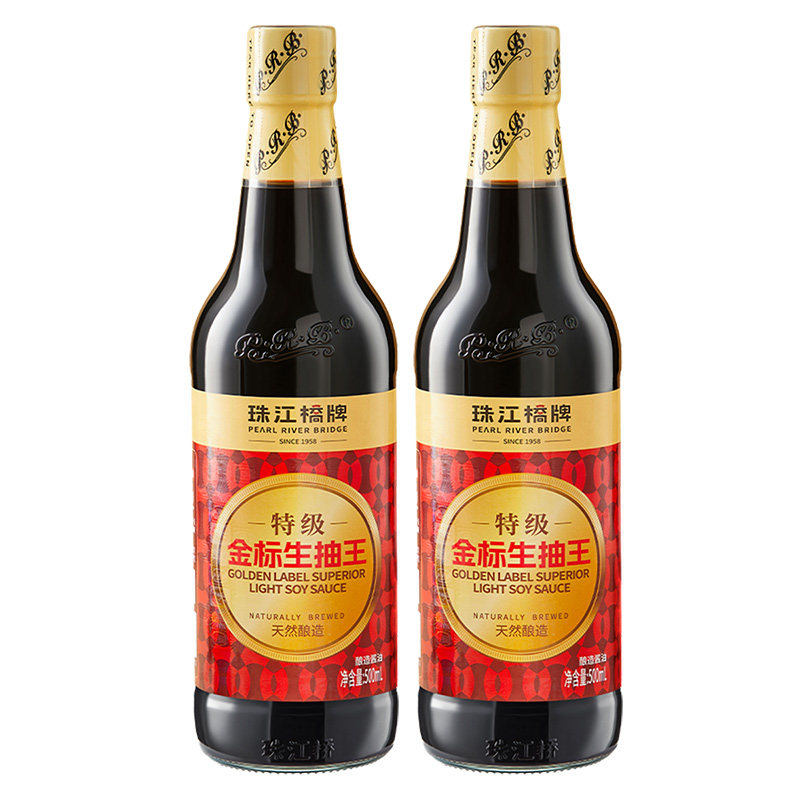 珠江桥牌特级金标生抽王家用500mlx2小瓶黄豆酿造酱油爆炒菜豉油