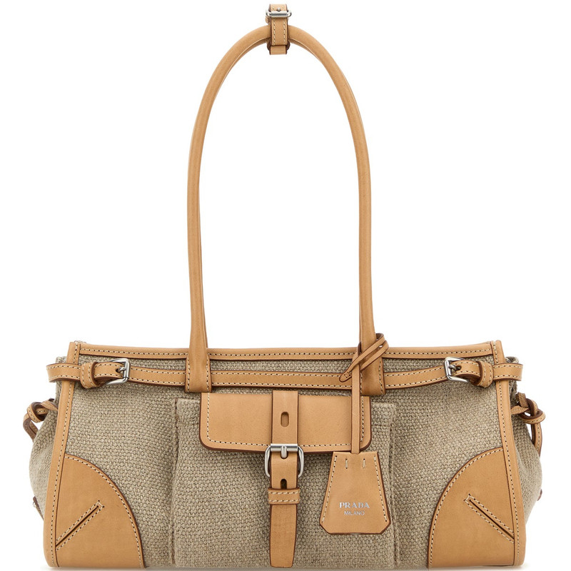PRADA 普拉达女士bonnie中号亚麻拼皮米色包26早秋新款意大利代购