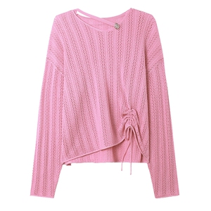 白鹿语条纹肌理女式针织衫2024春新款时尚优雅桃心领抽绳上衣女