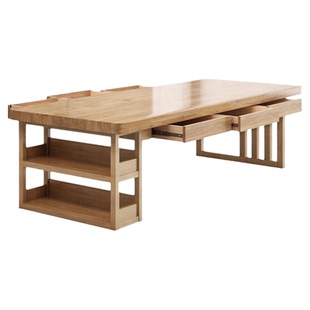 北欧实木大长书桌书架一体带抽屉原木学习桌客厅家用长桌子工作台