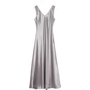 Missonep蝉【晓山青】法式气质斜裁缎面连衣裙女设计感宽肩带长裙