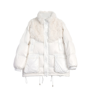 白鹿同款白色羊羔毛领拼接羽绒服外套女白鸭绒加厚保暖夹克面包服