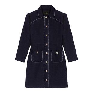 Maje春夏女装法式时尚简约长袖翻领单排扣短款收腰修身花呢连衣裙