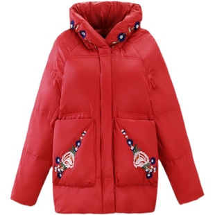 国潮风刺绣红色羽绒服2025秋冬新款时尚气质年轻款白鸭绒短款外套