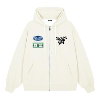 itGROUNDZERO2025秋冬加绒情侣款简约LOGO杏色连帽长袖卫衣上衣