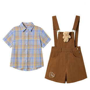织物猪 背带小熊 天才少女风复古减龄背带裤套装女格纹衬衫两件套