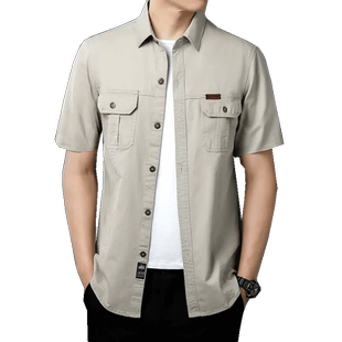 2025夏季工装短袖衬衫男薄款翻领t恤宽松大码商务休闲纯棉衬衣潮