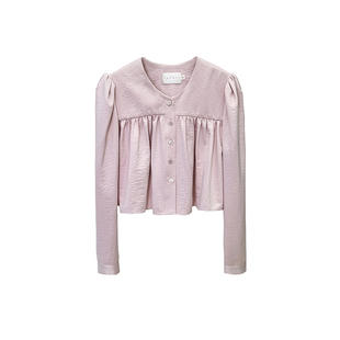 Layers 香槟淡粉微光泽 波浪摆复古少女感上衣衬衫