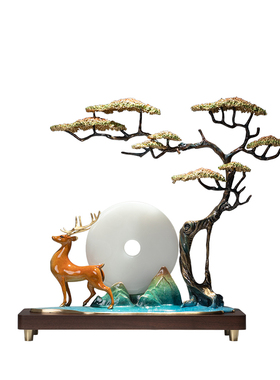 大气迎客松黄铜鹿摆件办公室工艺