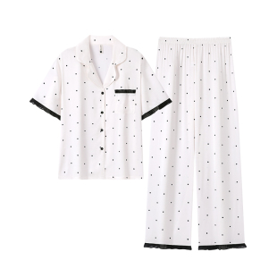 宫蝶【凉感型】女士夏季冰雪丝睡衣波点开衫短袖长裤居家服可外穿