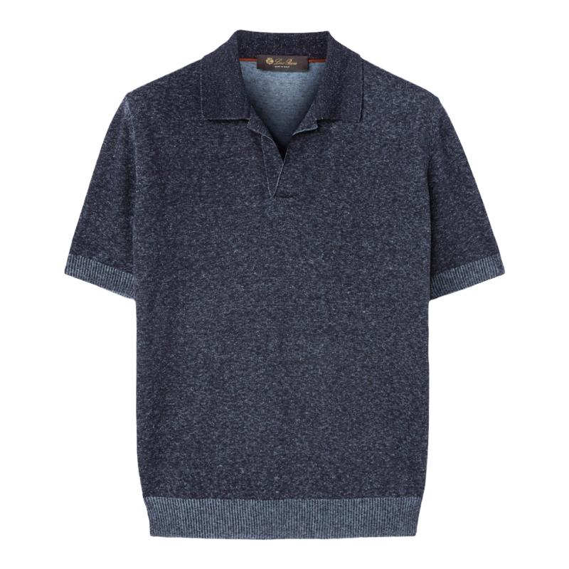 Loro Piana/诺悠翩雅男装桑蚕丝和亚麻深蓝色短袖针织polo衫