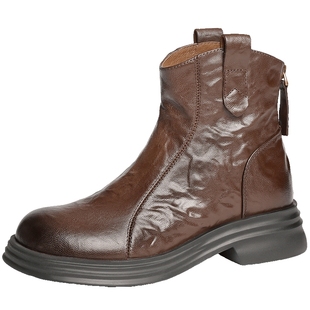 百丽复古加绒时装靴女冬新羊皮褶皱切尔西靴显瘦瘦短靴子D4L1DDD4