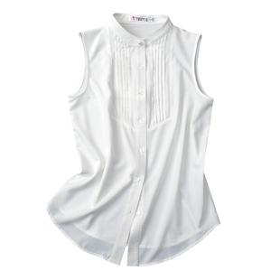 艾藤春夏季韩版百搭打底雪纺衬衫纯色内搭收折无袖立领衬衣女式