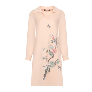 【羊毛】GEGINA吉吉娜新款羊绒刺绣连衣裙女中长款翻领绣花裙