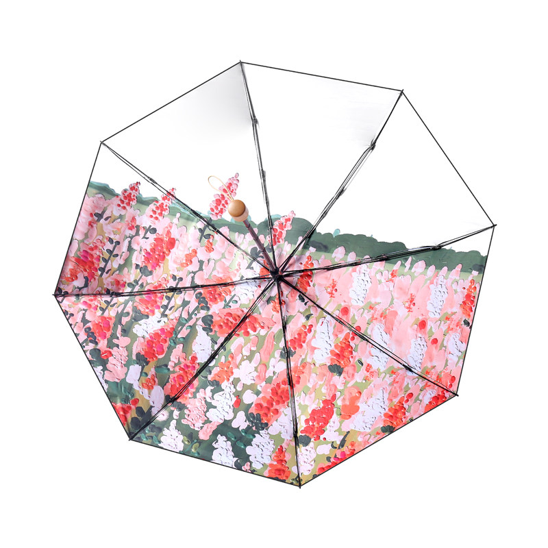 双层双花太阳伞女插画手绘风小巧便捷五折晴雨两用折叠遮阳防晒伞