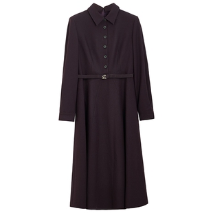 LANCY/朗姿2026春季新款通勤衬衫领收腰A字气质显瘦长袖连衣裙长