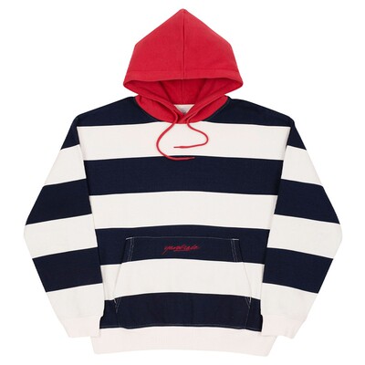 滑板刺绣logo条纹拼接套头帽衫