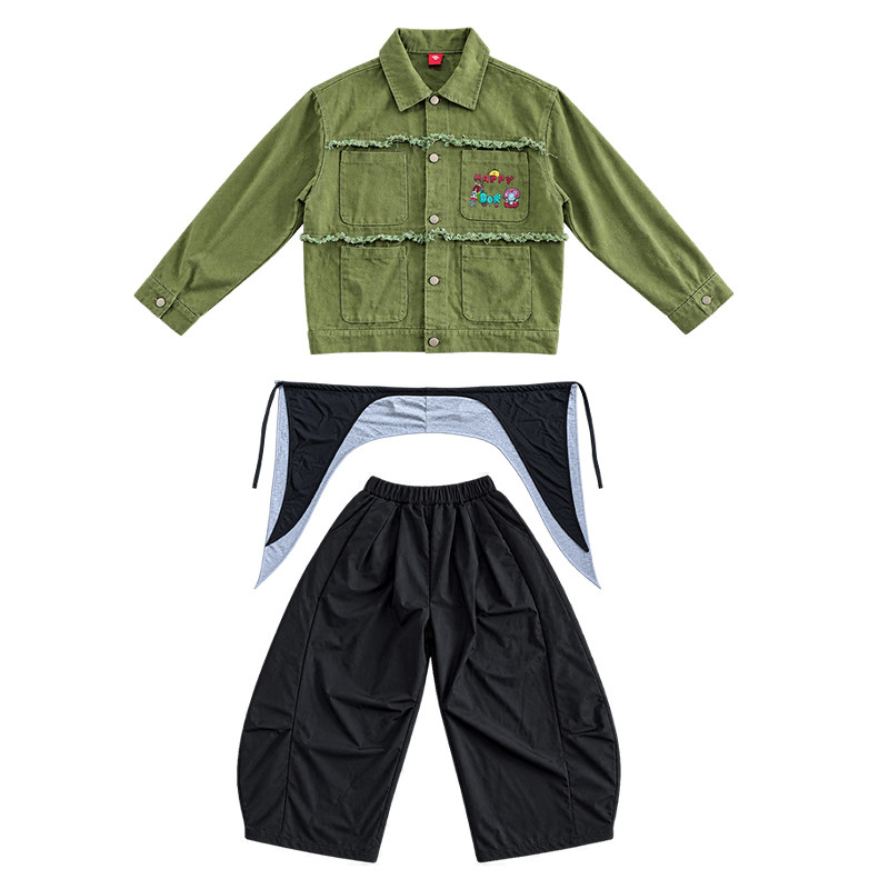 街舞儿童潮服嘻哈少儿hiphop绿色牛仔表演服儿童舞蹈走秀表演套装