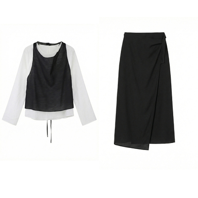 NOON衬衣+挂脖小衫+半裙三件套