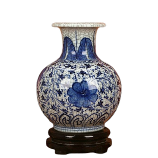 景德镇陶瓷器 手绘仿古青花裂纹釉花卉花瓶 现代中式古典工艺摆件