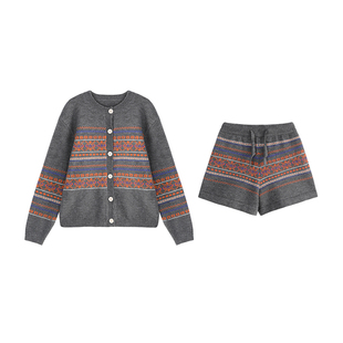 LEOHAPPY女童毛衣套装2025新款冬儿童开衫针织衫提花短裤两件套