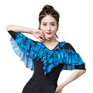 清仓特价摩登舞上衣女拉丁国标交际舞华尔兹V领荷叶连体衣练功服