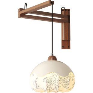 宋式美学简约高级感中式壁灯复古胡桃木色摇臂设计客厅卧室床头灯