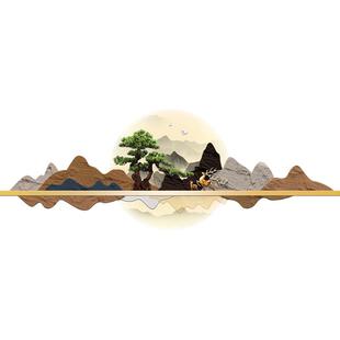 迎客松新中式沙发背景墙壁灯客厅挂画带LED氛围灯横版不规则壁画