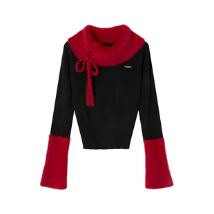 【新年梦呓】Uena明星同款黑红撞色绑带毛领一字肩修身毛针织衫女