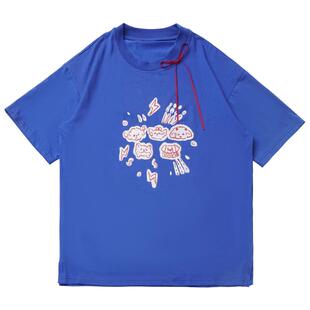 现货即发【夏游园会】灰蓝涂鸦小动物短袖蝴蝶结凉感短袖大摆格裙