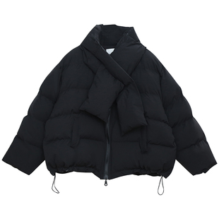 小众宽松弛感保暖胖莹莹大码女装短款外套围巾加厚面包棉服300斤