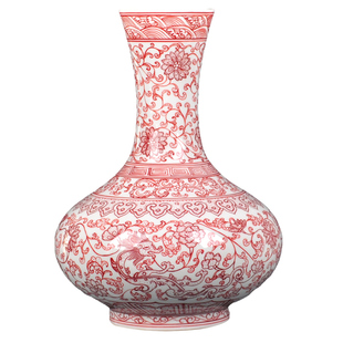 仿古大清乾隆制红色手绘釉里红中式花瓶家用水培摆件客厅电视柜