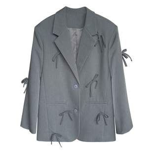 灰色立体蝴蝶结正肩西装外套女春季新款甜美气质百搭减龄韩系西服