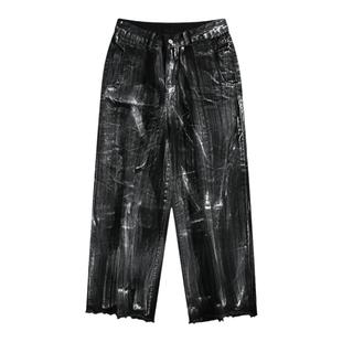 BOYUE帛跃欧美重工扎染牛仔裤嘻哈街舞设计感毛边阔腿长裤男女潮