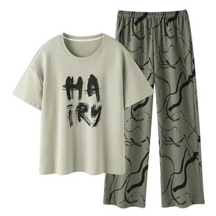 睡衣女夏季纯棉短袖长裤薄款夏天休闲慵懒风大码可外穿家居服套装