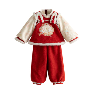 汉服女童2025冬款儿童新中式国风仙气红色喜庆加厚拜年服裤子套装