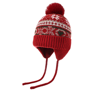 费尔岛风女童帽子围巾套装秋冬季红色针织帽羊毛保暖防寒新年礼盒