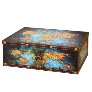 皮革木盒子家用证件文件收纳盒带锁可爱复古怀旧欧美密码小储物箱