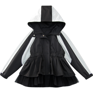 女童连帽外套春装2026新款洋气儿童拼接网纱公主上衣小女孩冲锋衣