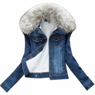 2025冬装新品韩版女装可拆卸大毛领棉衣加厚加绒短款修身牛仔外套