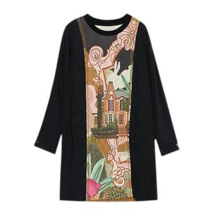 谜底连衣裙长袖女秋新款复古原创印花拼接感中长裙233ML1132