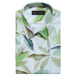 【初夏新品】棉麻混纺丹青绘绿男士设计感花衬衫短袖衬衣透气夏季