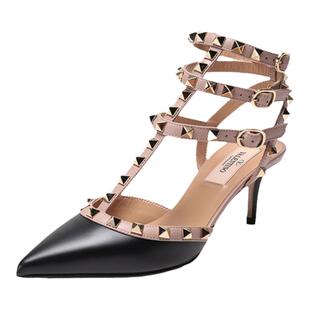 VALENTINO 女士环绕式踝带铆钉尖头细高跟鞋凉鞋6.5cm 2S0375 VOD