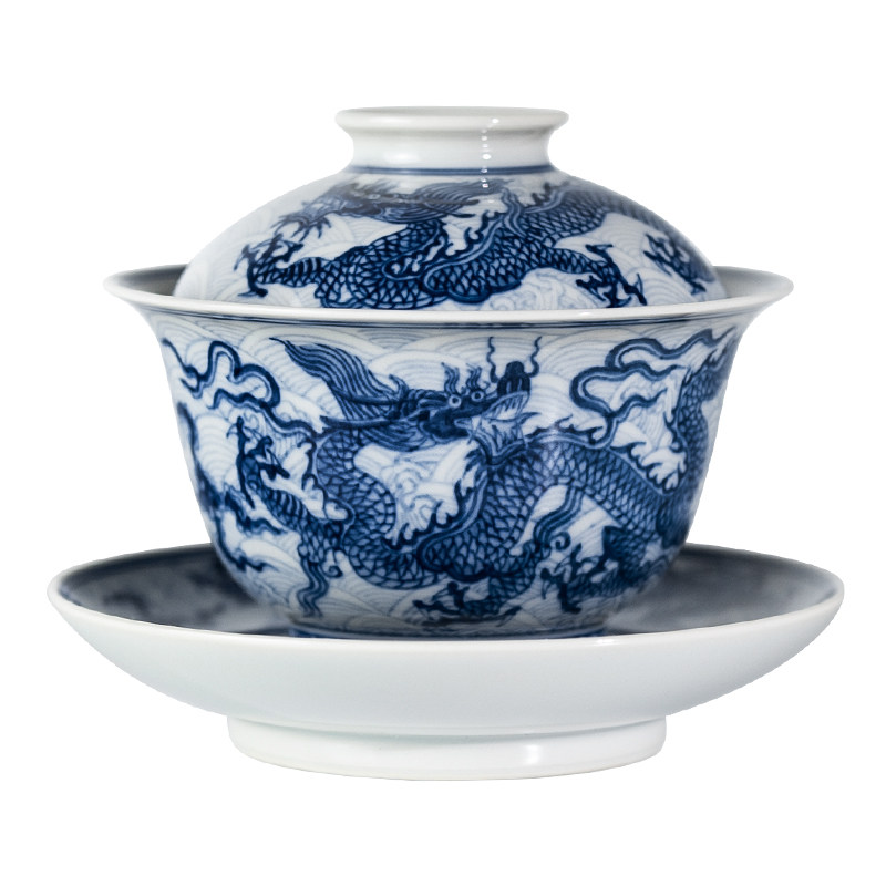 仿古青花江崖海水五龙腾飞盖碗