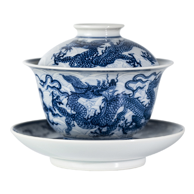 仿古青花江崖海水五龙腾飞盖碗