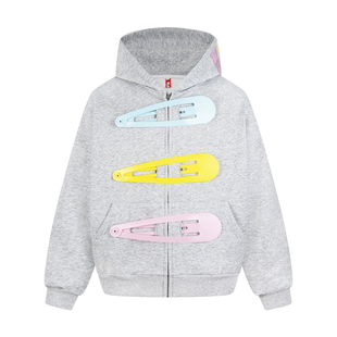 DHSS美式趣味可拆卸发夹连帽卫衣男女宽松春季设计感情侣开衫外套